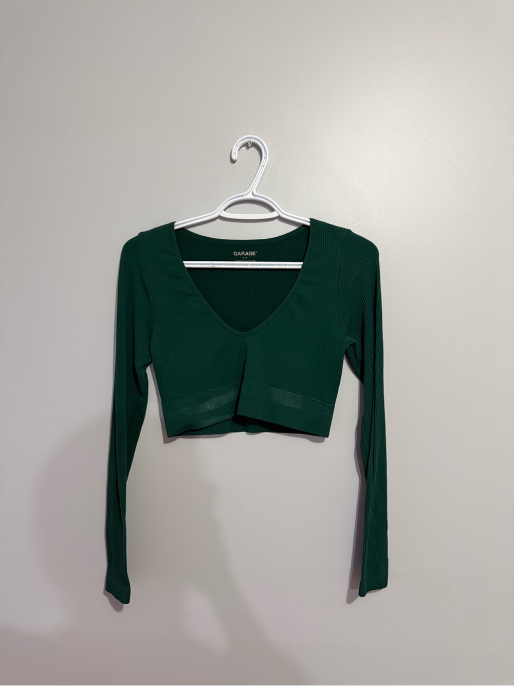 Garage Dark Green Ribbed V-Neck Long Sleeve Crop Top